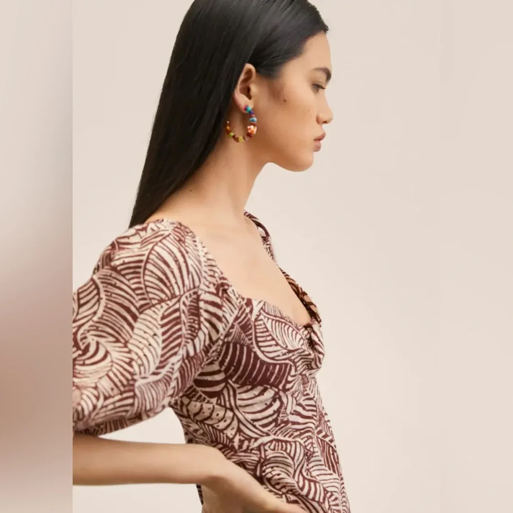 Mango Leaf-Print Mini Dress in Burgundy and Cream - Picture 4 of 11